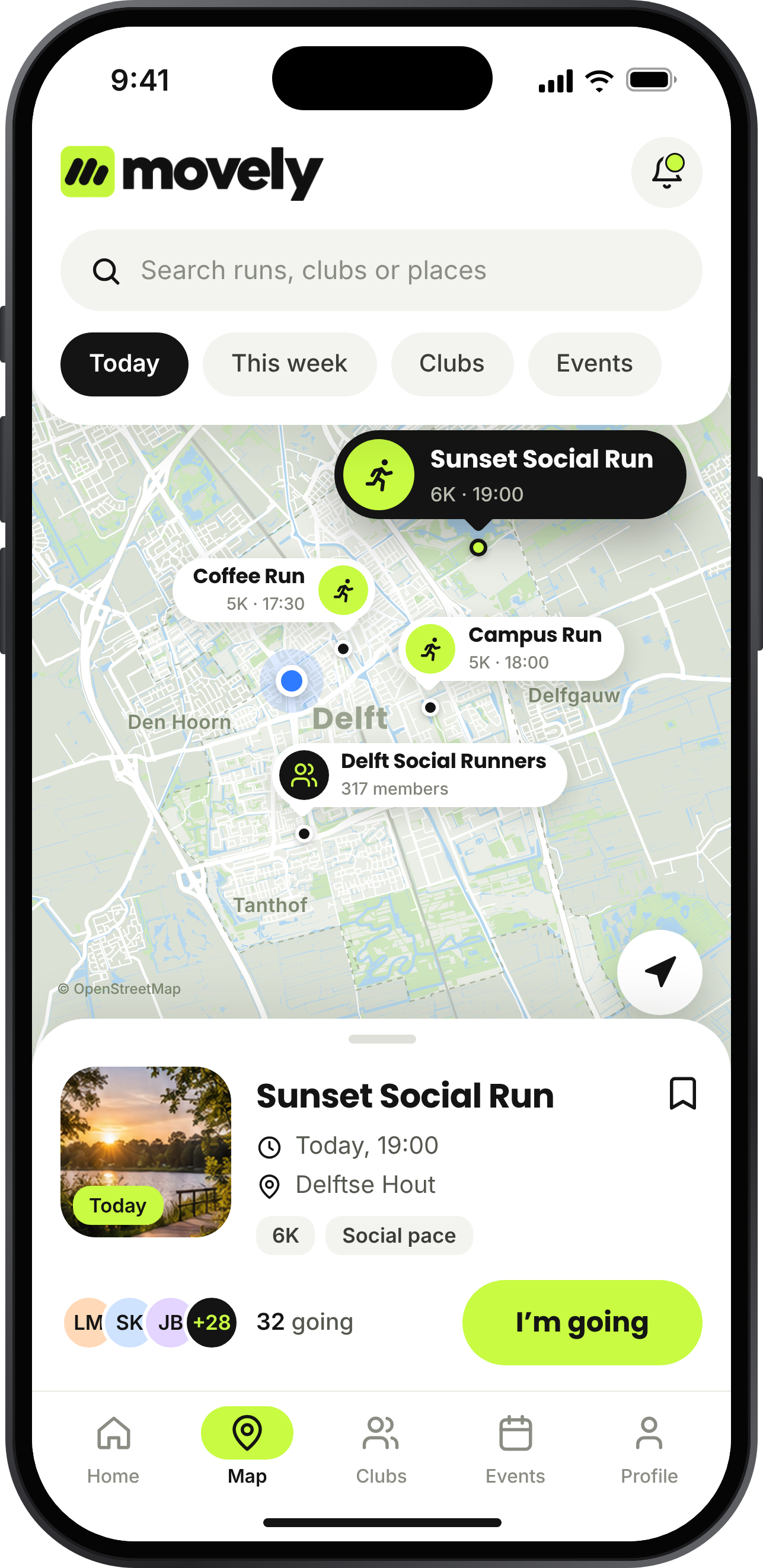 The Movely app showing runs and clubs on a map
